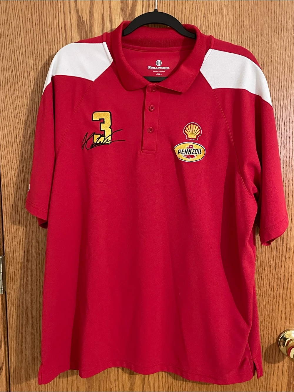 Red Short-Sleeve Polo with White Shoulder Panels and Racing Patches